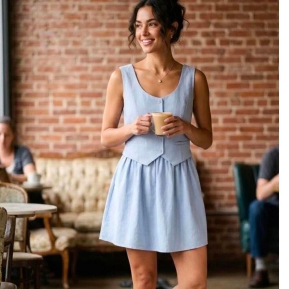 Paper Heart light blue button front vest dress with tie waist, size L